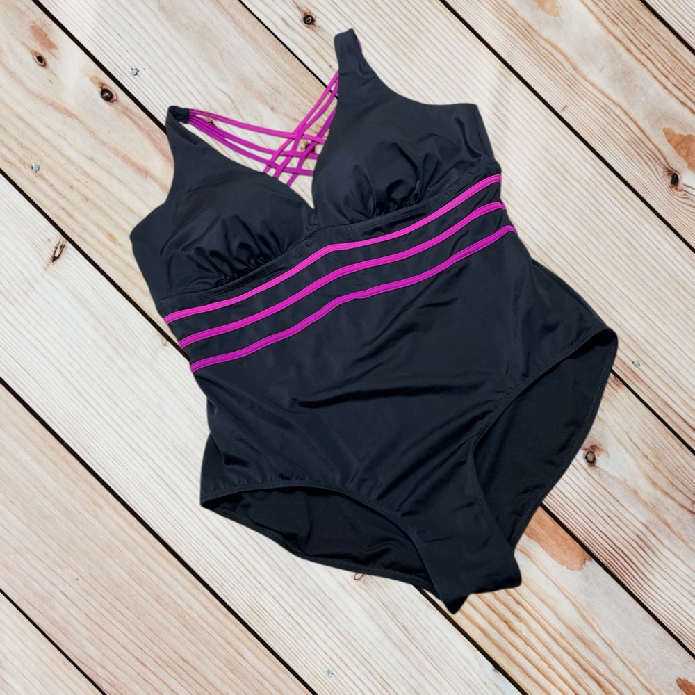 Swimsuits for All size 22 black with pink stripes strappy back swimsuit - Picture 2 of 10
